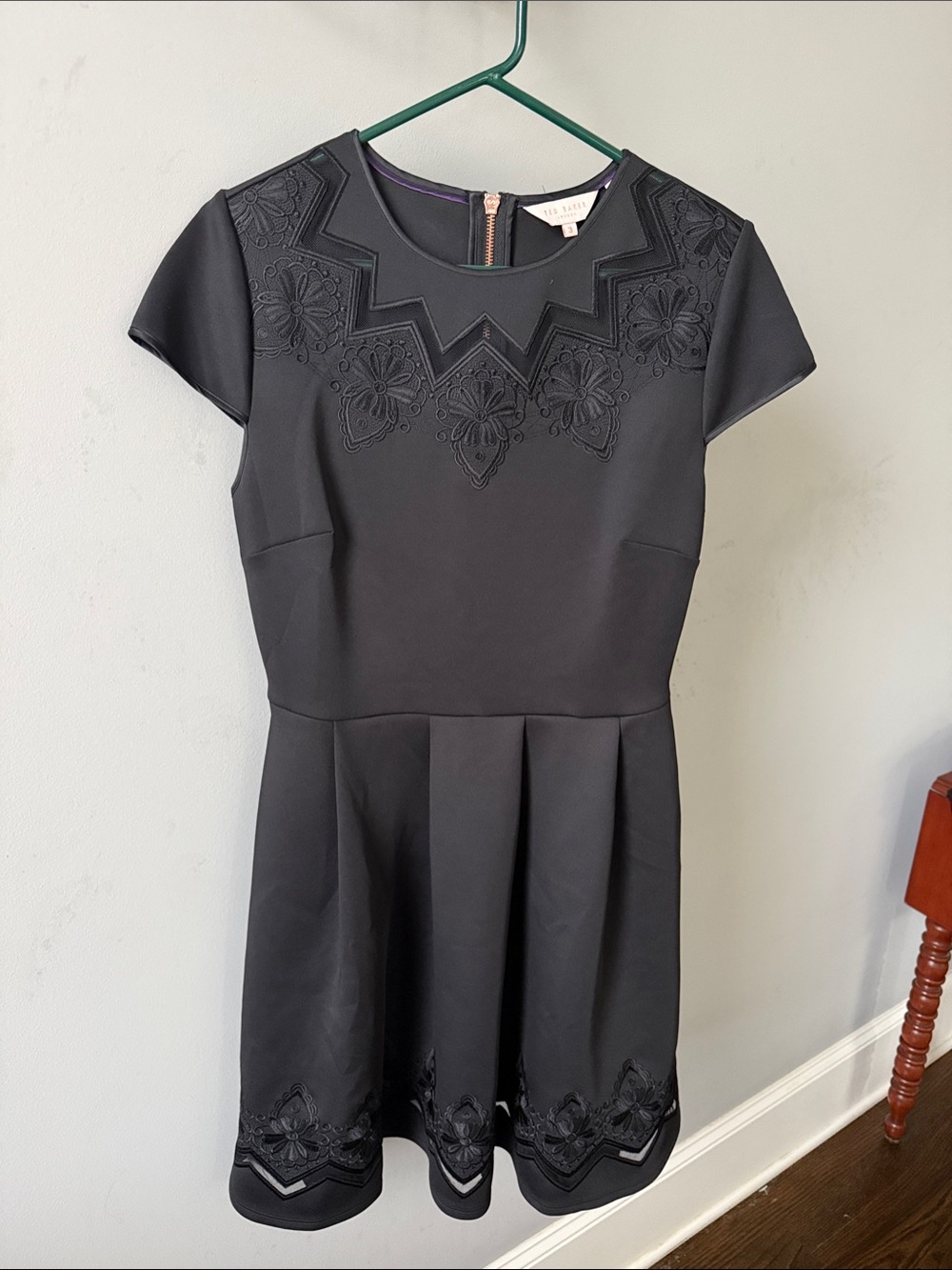 Ted Baker, sz 3, Black Embroidered Fit & Flare Dress